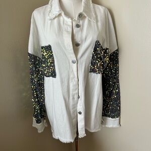 White and Black Sequin Jean Jacket